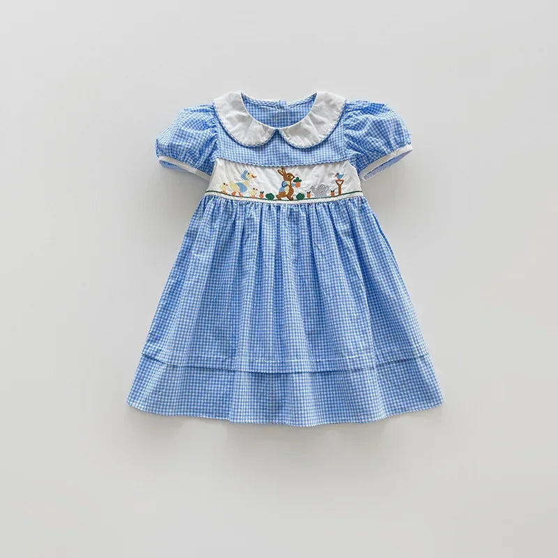 Embroidery Blue & White Plaid Cotton Dresses Vintage Summer Clothes
