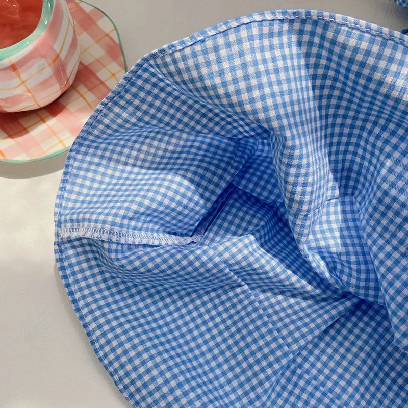 Embroidery Blue & White Plaid Cotton Dresses Vintage Summer Clothes