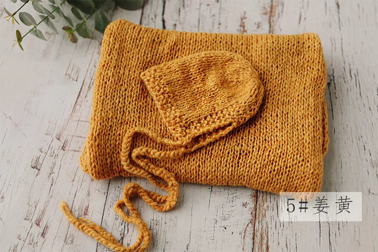 Hand Knitted Wool Hat Wrap Set Newborn Photography Props