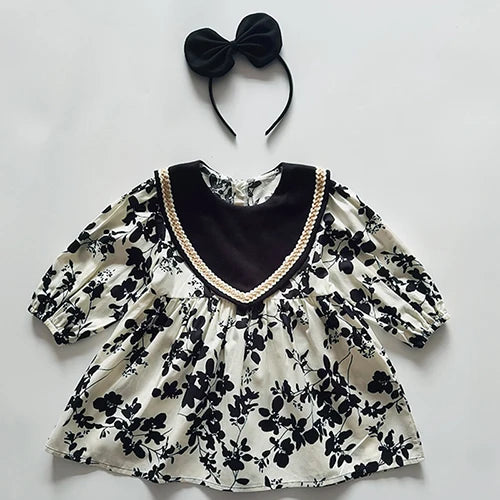 Girls Cotton Long Sleeve Embroidered Lattice Princess Dress