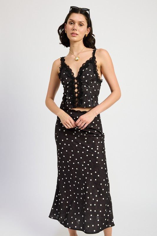 Satin Polka Dot Midid Skirt with Lace Trim