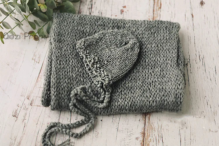 Hand Knitted Wool Hat Wrap Set Newborn Photography Props