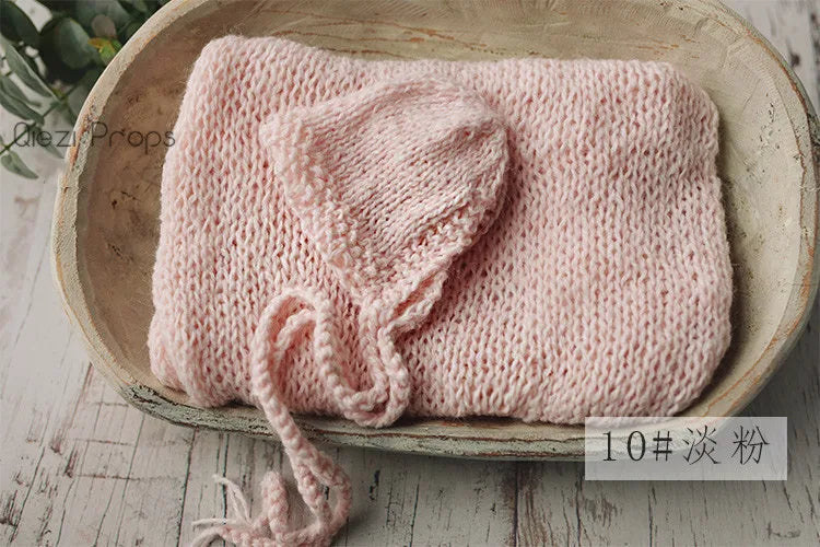 Hand Knitted Wool Hat Wrap Set Newborn Photography Props