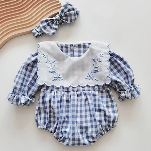 Girls Cotton Long Sleeve Embroidered Lattice Princess Dress