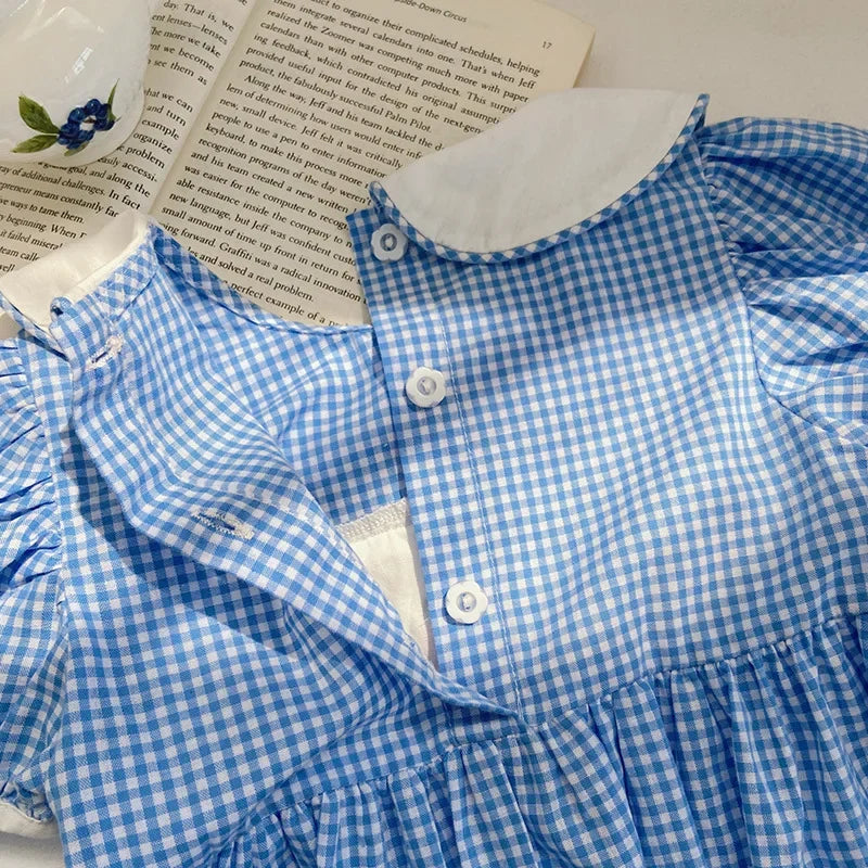 Embroidery Blue & White Plaid Cotton Dresses Vintage Summer Clothes