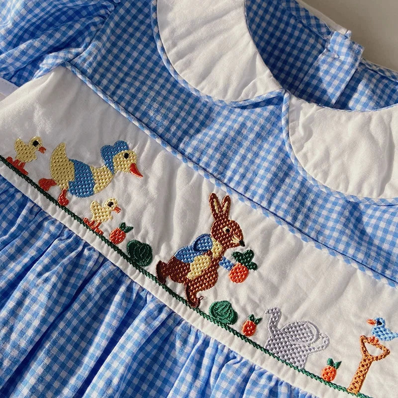 Embroidery Blue & White Plaid Cotton Dresses Vintage Summer Clothes