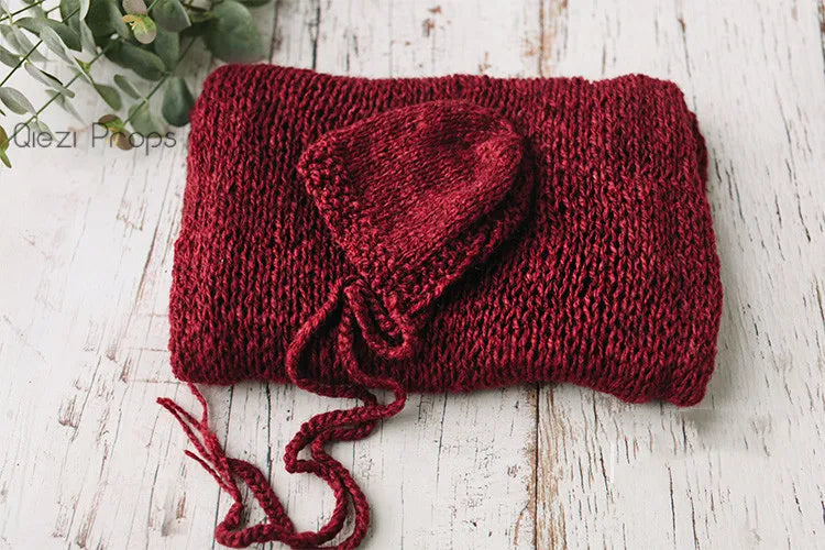 Hand Knitted Wool Hat Wrap Set Newborn Photography Props