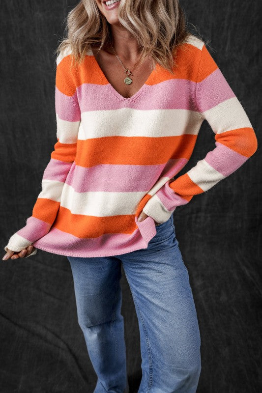 Pink Color Block Stripe Casual Sweater