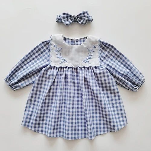 Girls Cotton Long Sleeve Embroidered Lattice Princess Dress