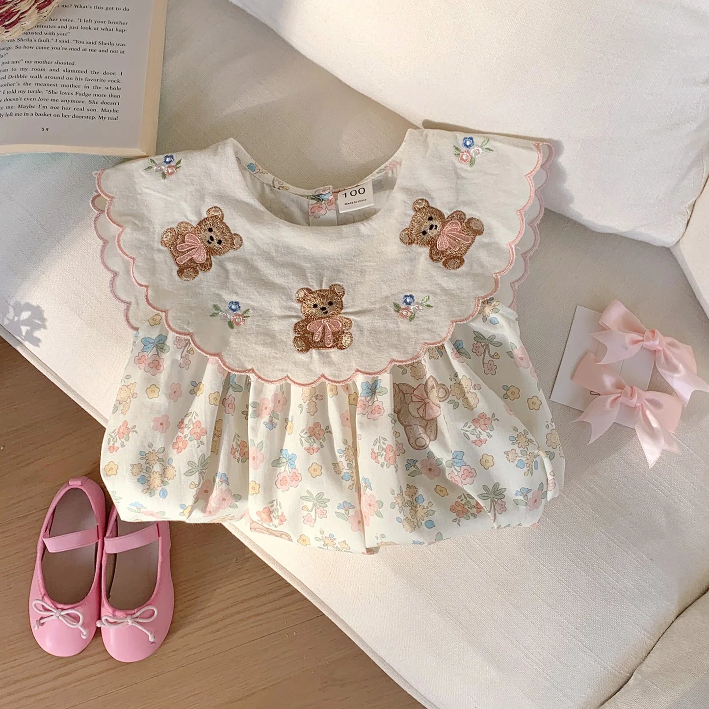 Cotton Bear Embroidery Sleeveless Dress