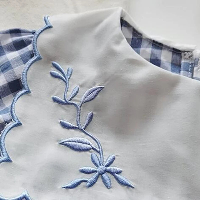Girls Cotton Long Sleeve Embroidered Lattice Princess Dress