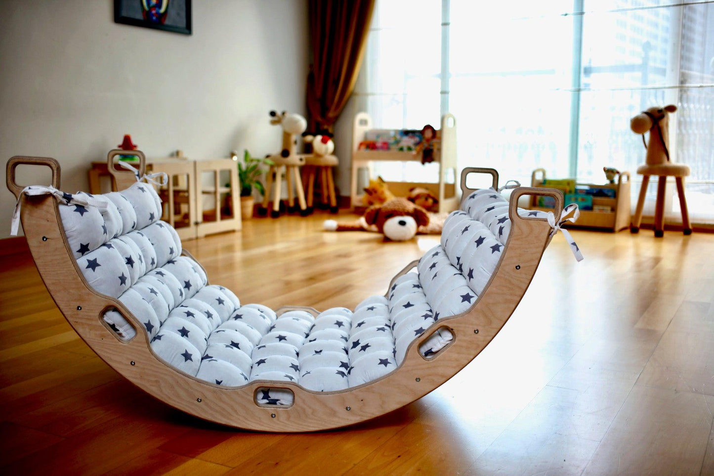 Climbing Arch with Rockwall Ramp and Star Pillow Set | Montessori Toys