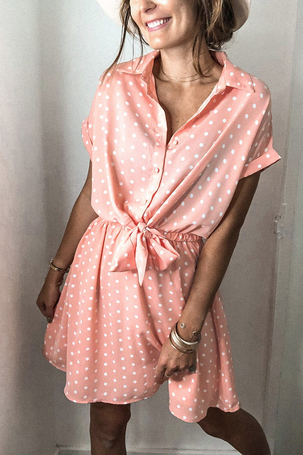 Pink Polka Dot Shirt Collar Short Sleeve Mini Dress