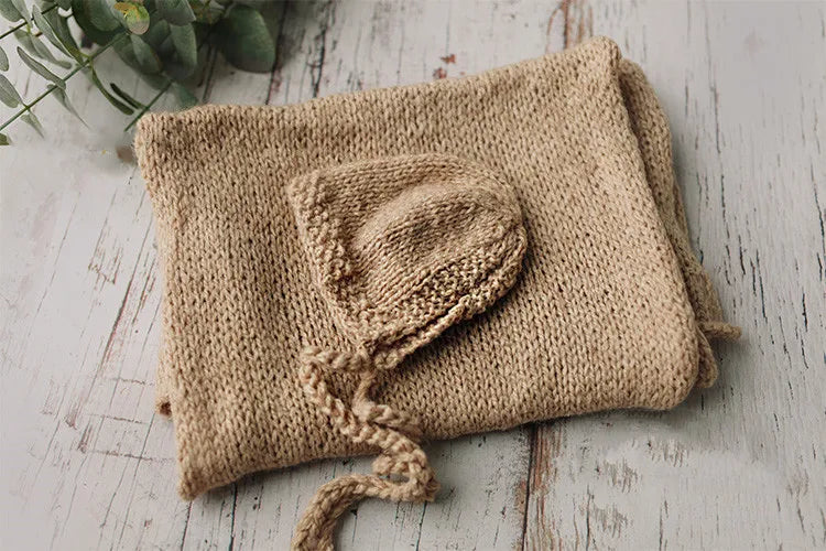 Hand Knitted Wool Hat Wrap Set Newborn Photography Props