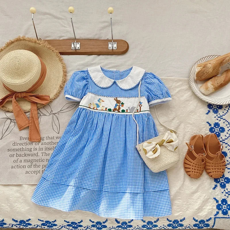 Embroidery Blue & White Plaid Cotton Dresses Vintage Summer Clothes