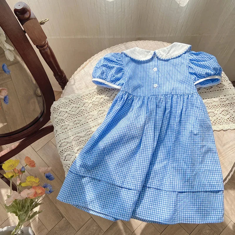 Embroidery Blue & White Plaid Cotton Dresses Vintage Summer Clothes