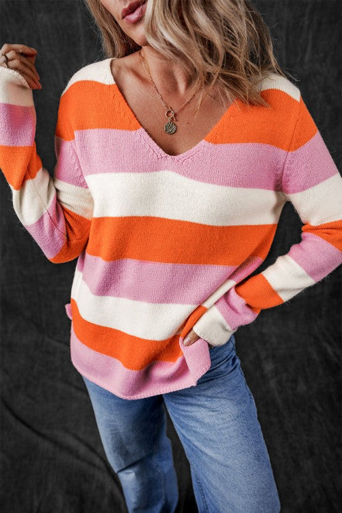 Pink Color Block Stripe Casual Sweater