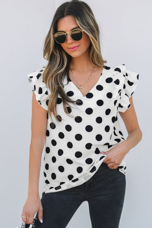 Polka Dot Ruffled Sleeve V Neck Blouse