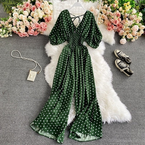 V Neck Sexy Dolman Sleeves Waist Slim Polka Dot Print Jumpsuit Women