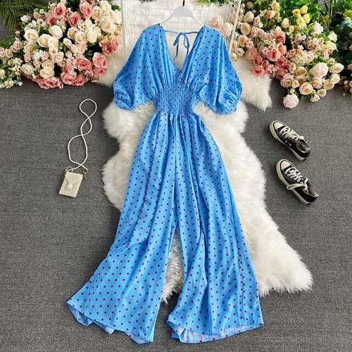 V Neck Sexy Dolman Sleeves Waist Slim Polka Dot Print Jumpsuit Women
