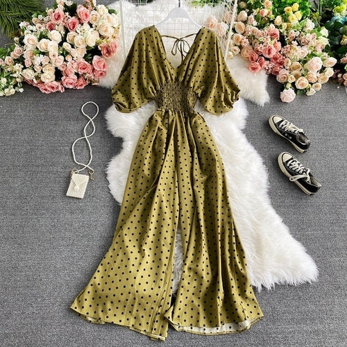 V Neck Sexy Dolman Sleeves Waist Slim Polka Dot Print Jumpsuit Women