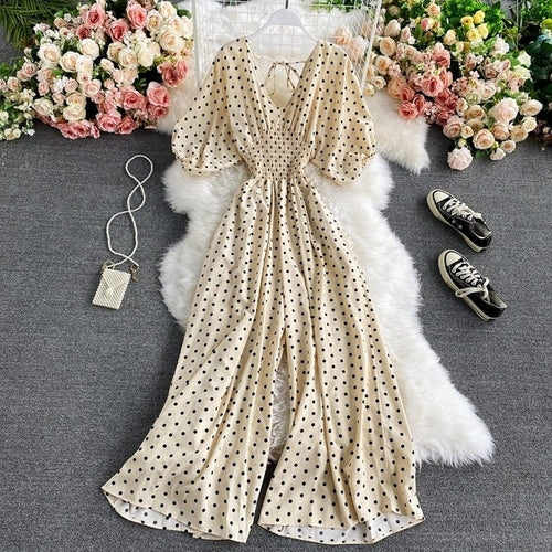 V Neck Sexy Dolman Sleeves Waist Slim Polka Dot Print Jumpsuit Women