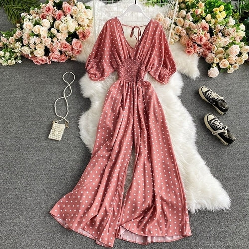 V Neck Sexy Dolman Sleeves Waist Slim Polka Dot Print Jumpsuit Women