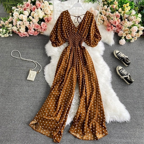 V Neck Sexy Dolman Sleeves Waist Slim Polka Dot Print Jumpsuit Women