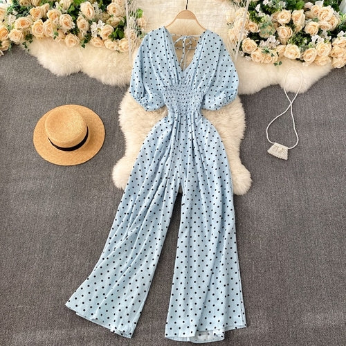 V Neck Sexy Dolman Sleeves Waist Slim Polka Dot Print Jumpsuit Women
