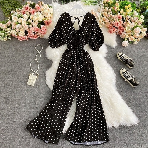 V Neck Sexy Dolman Sleeves Waist Slim Polka Dot Print Jumpsuit Women