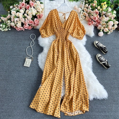 V Neck Sexy Dolman Sleeves Waist Slim Polka Dot Print Jumpsuit Women