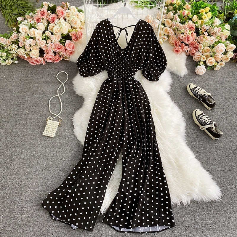 V Neck Sexy Dolman Sleeves Waist Slim Polka Dot Print Jumpsuit Women