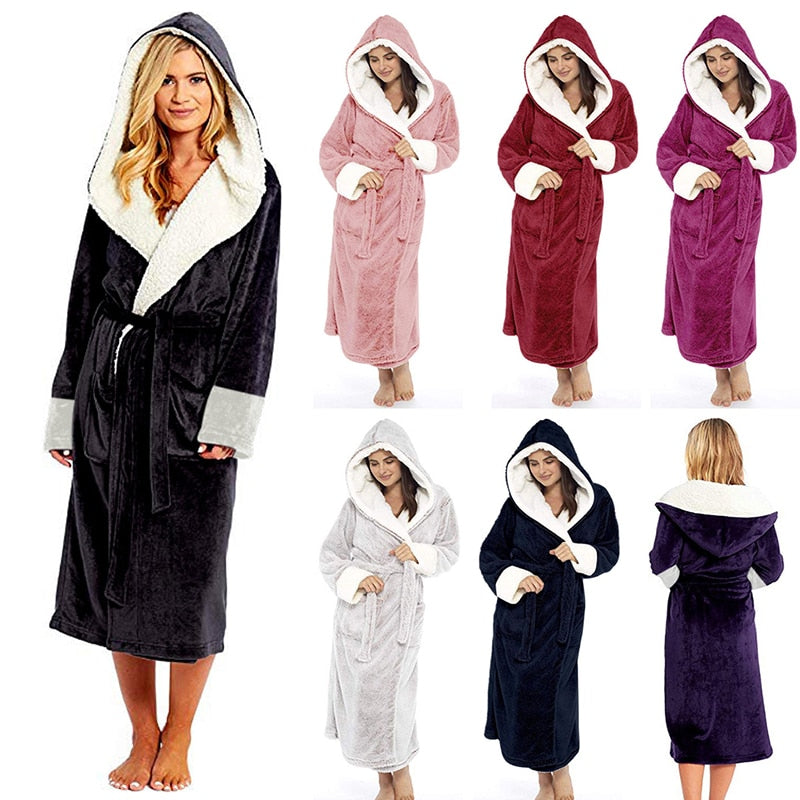 Plush Long Sleeved Hooded Bathrobe