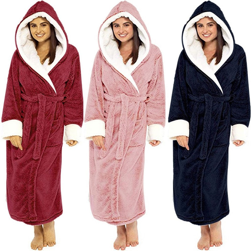 Plush Long Sleeved Hooded Bathrobe