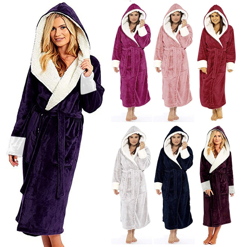 Plush Long Sleeved Hooded Bathrobe