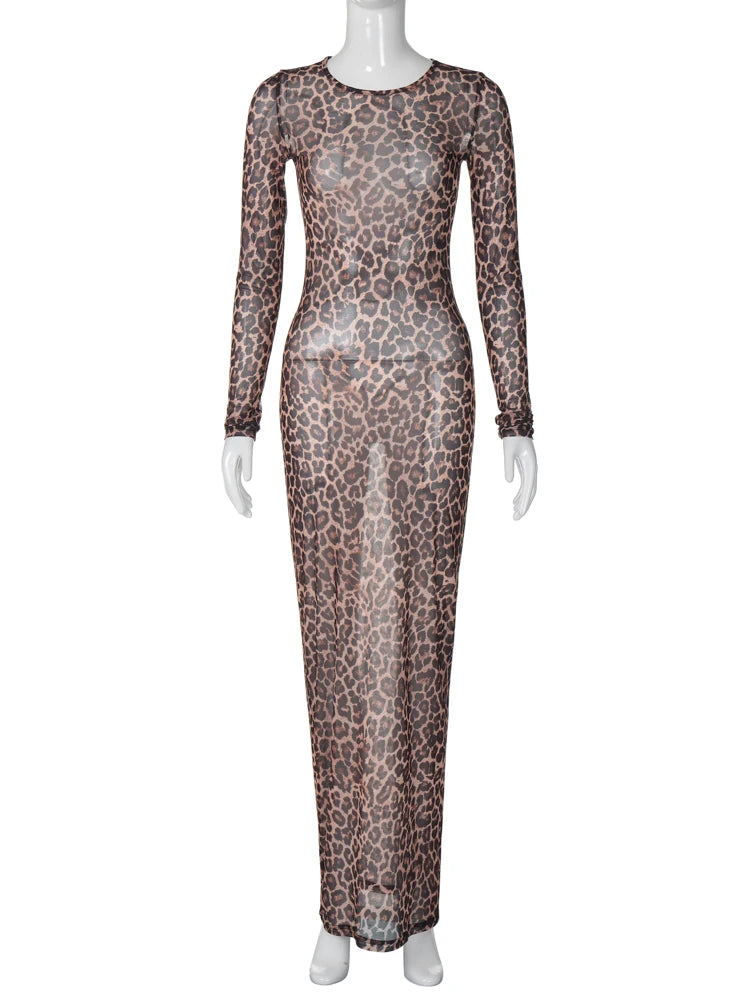 Leopard Print Mesh Long Sleeve Sexy Slim Skin