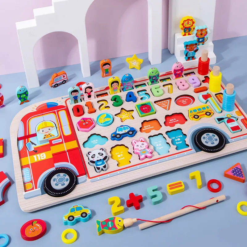 Montessori Educational Wooden Toys Preschool Children Fire Truck Busy