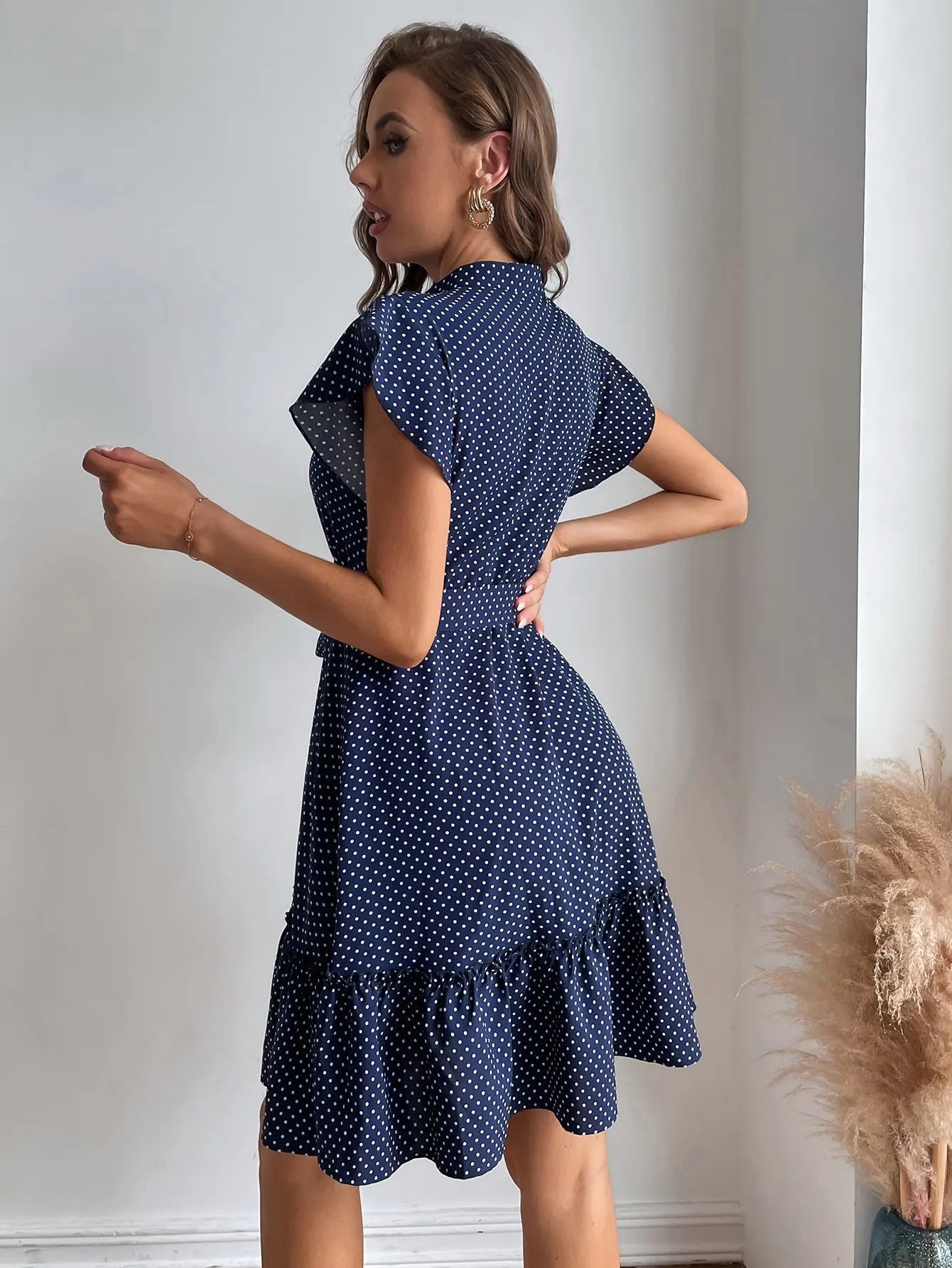 European and American women's polka dot printed butterfly sleeves with