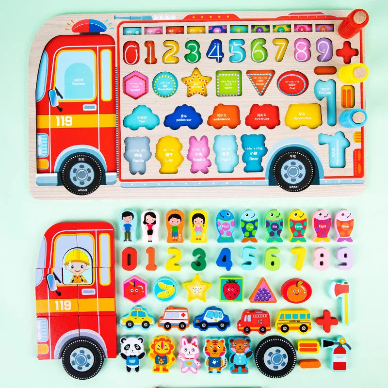 Montessori Educational Wooden Toys Preschool Children Fire Truck Busy