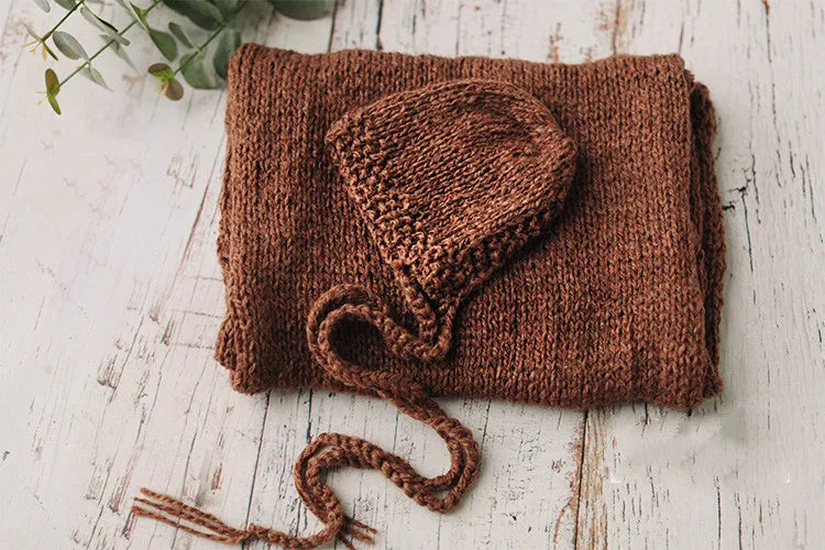 Hand Knitted Wool Hat Wrap Set Newborn Photography Props