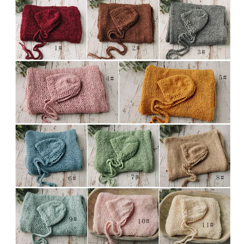 Hand Knitted Wool Hat Wrap Set Newborn Photography Props