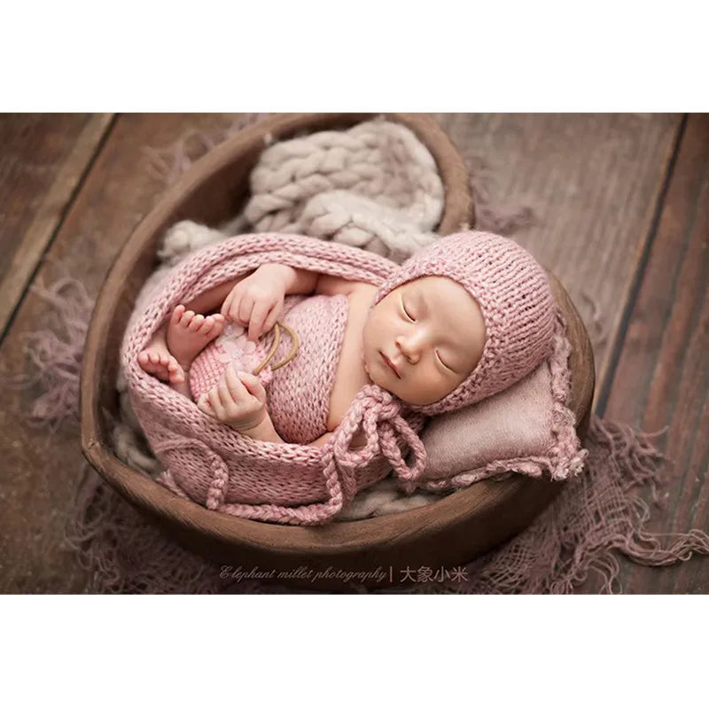 Hand Knitted Wool Hat Wrap Set Newborn Photography Props