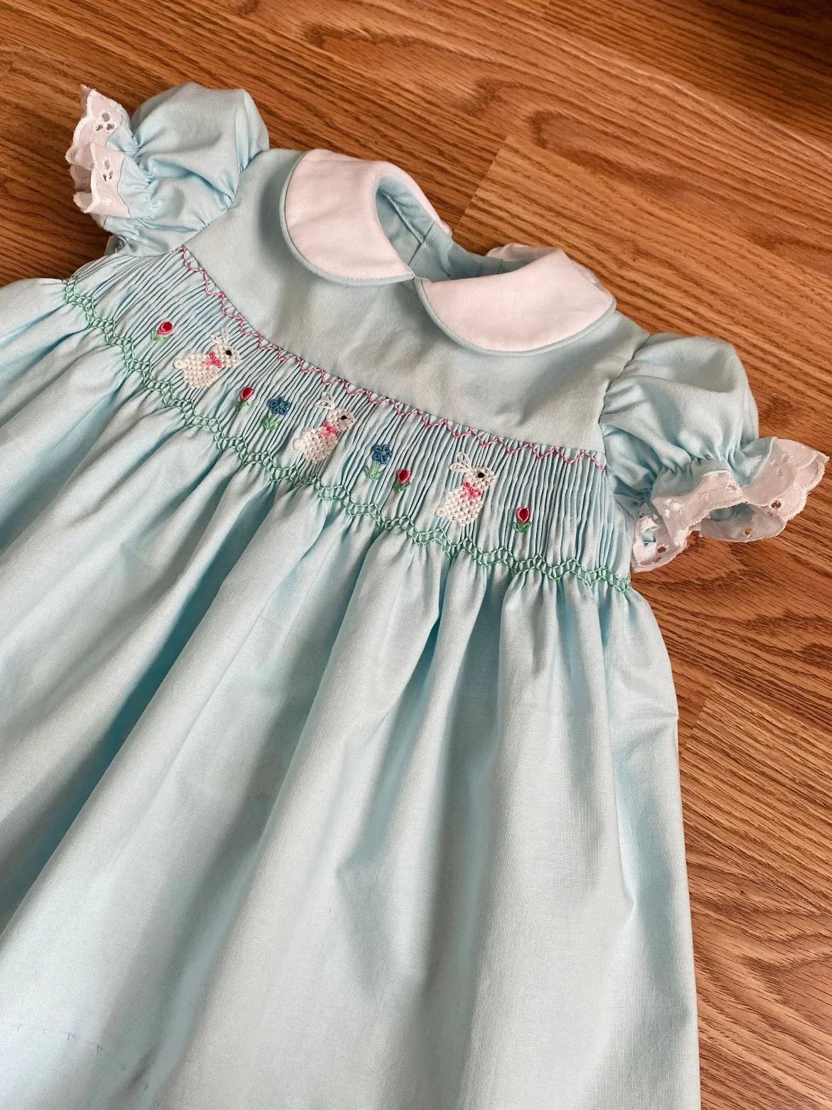 Baby Girl Summer Green Rabbit Smocked Turkish Vintage Princess Dress
