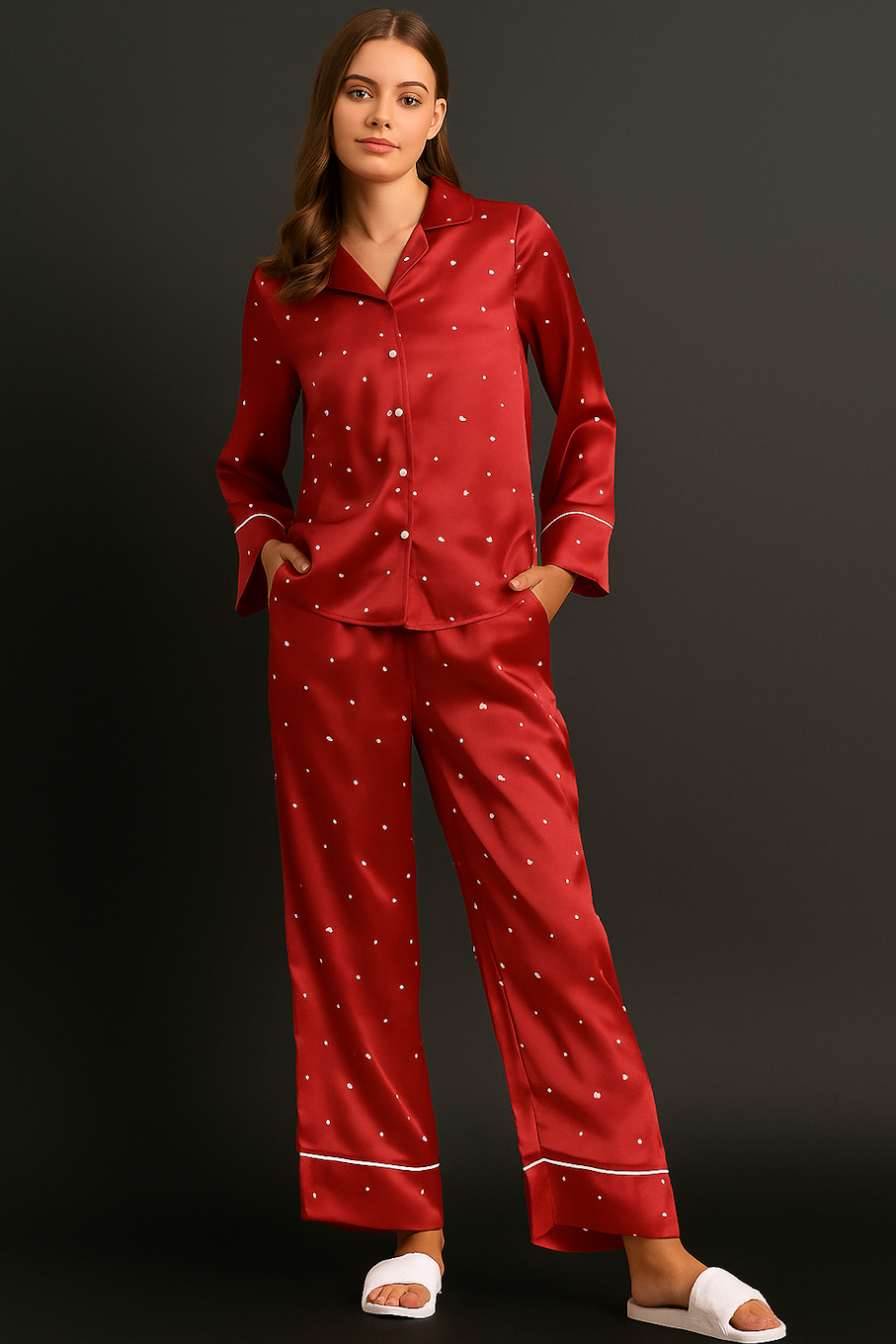 Elegant Red Satin Pajama Set with Polka Dots for Ultimate Comfort
