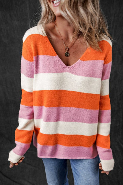 Pink Color Block Stripe Casual Sweater