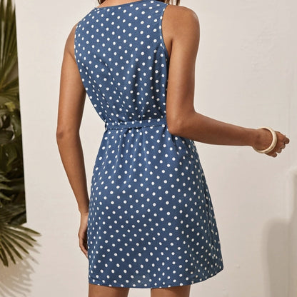 polka dot back blue dress