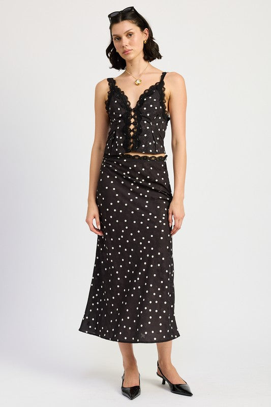 Satin Polka Dot Midid Skirt with Lace Trim