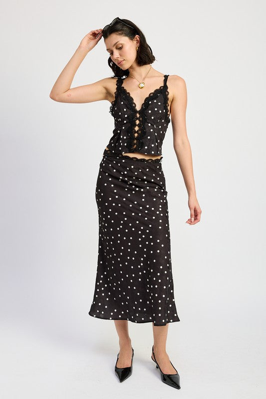Satin Polka Dot Midid Skirt with Lace Trim
