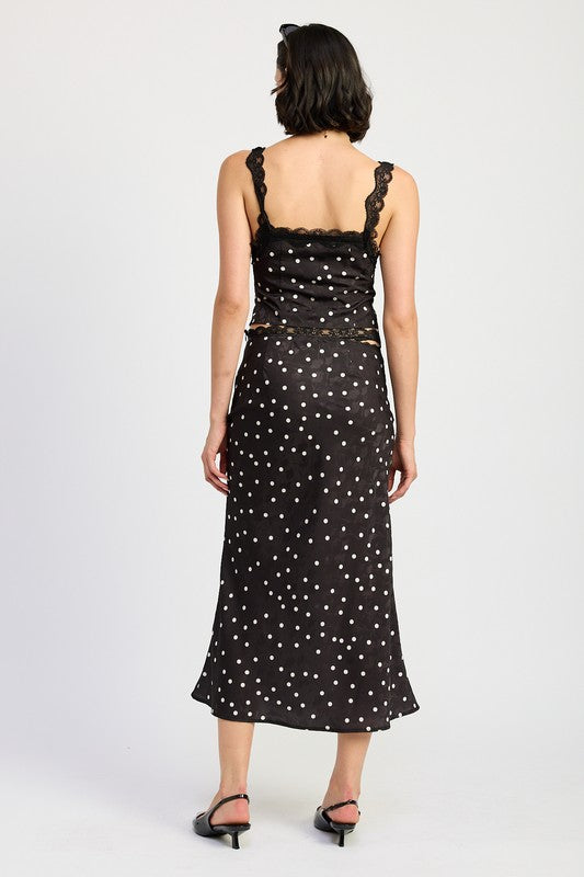 Satin Polka Dot Midid Skirt with Lace Trim