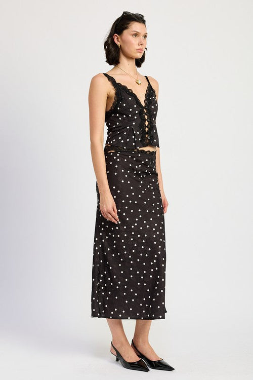 Satin Polka Dot Midid Skirt with Lace Trim